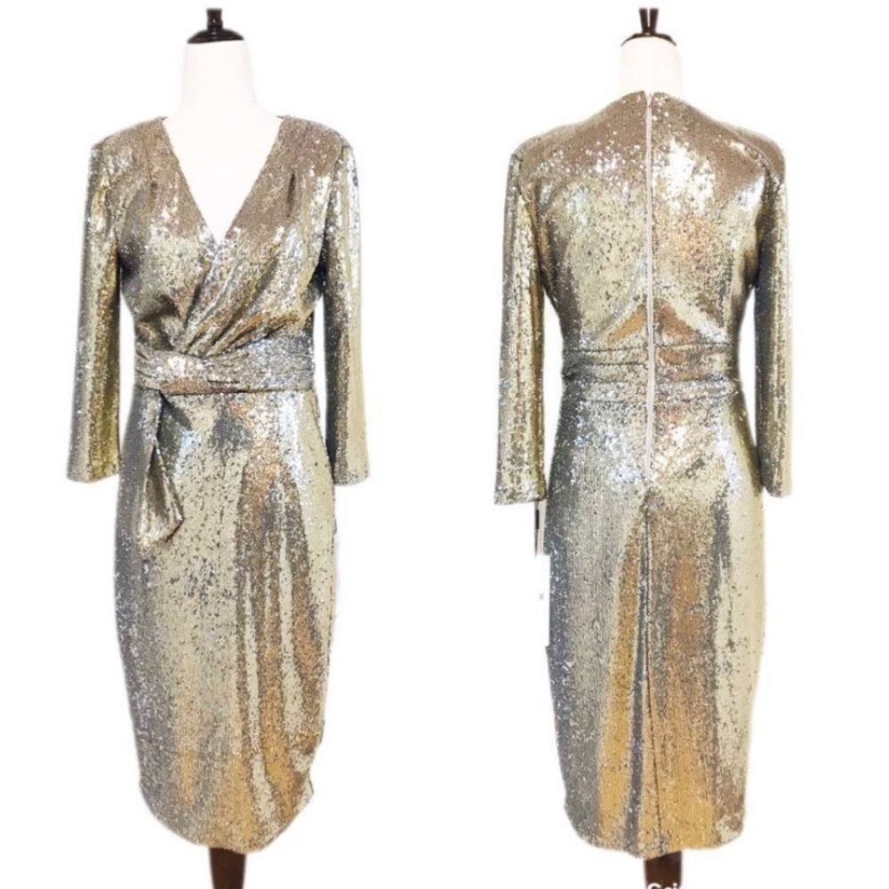 CALVIN KLEIN Gold‎ Sequin Cocktail Dress Party Knee Length Faux Wrap Size 2 New